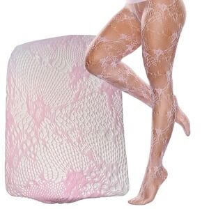 New Baby Pink Lace Tights Sheer Floral Pattern Fishnet Stockings Valentine Mesh